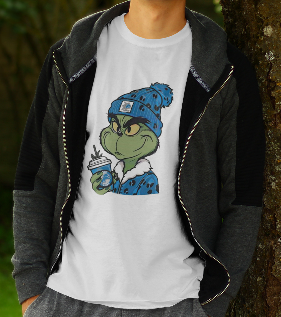 Grinch Wearing Detroit Lions Winter Outfit Holding Drink Christmas T-Shirt