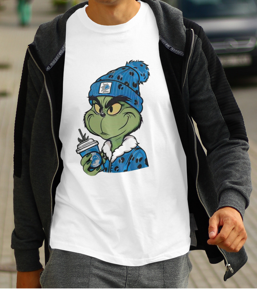 Grinch Wearing Detroit Lions Winter Outfit Holding Drink Christmas T-Shirt