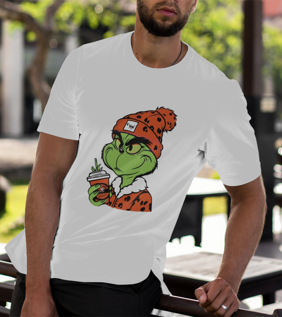 Grinch Wears Orange Beanie Holds Browns Mug Christmas T-Shirt