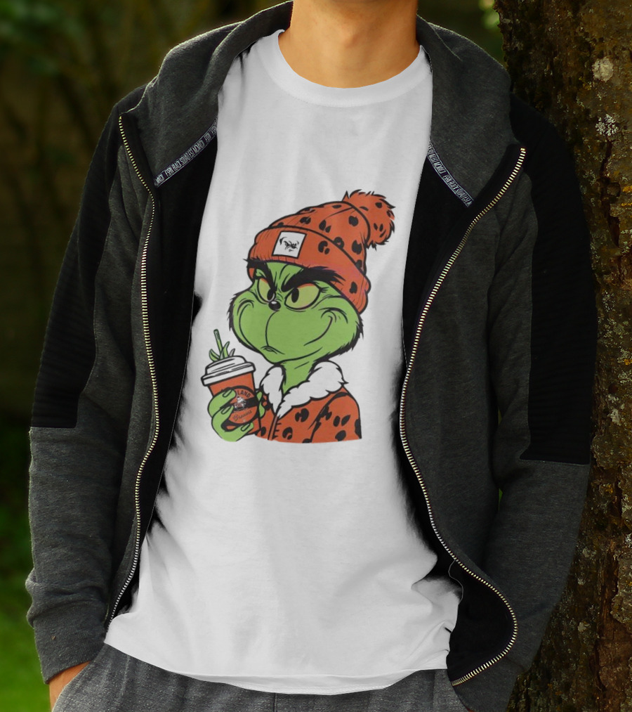 Grinch Wears Orange Beanie Holds Browns Mug Christmas T-Shirt