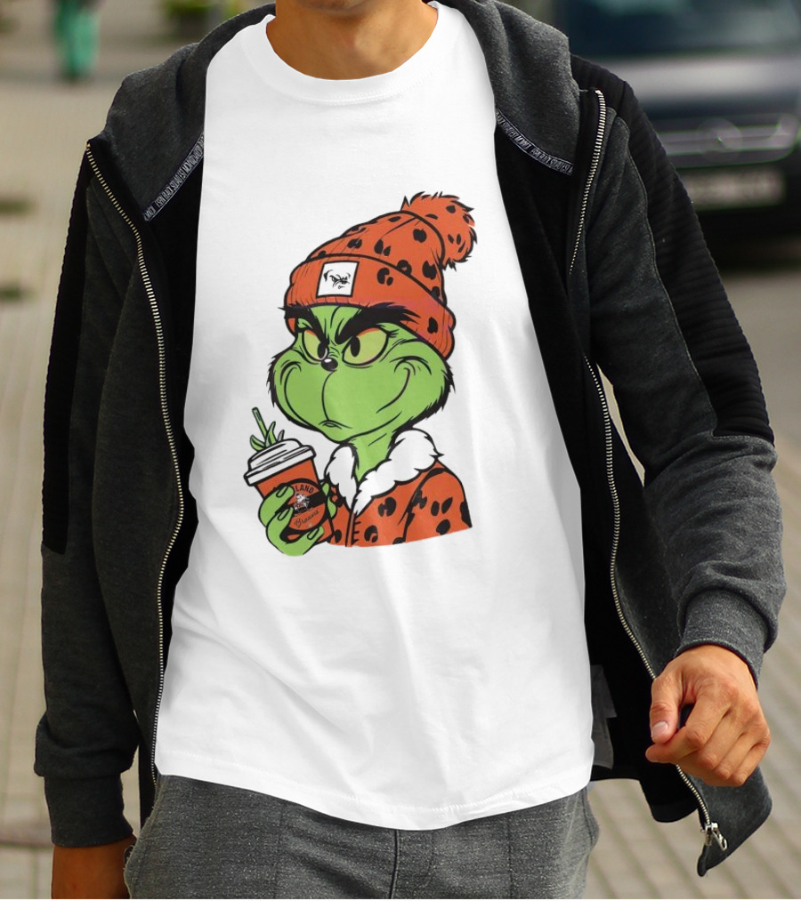 Grinch Wears Orange Beanie Holds Browns Mug Christmas T-Shirt