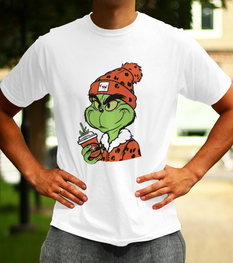 Grinch Wears Orange Beanie Holds Browns Mug Christmas T-Shirt