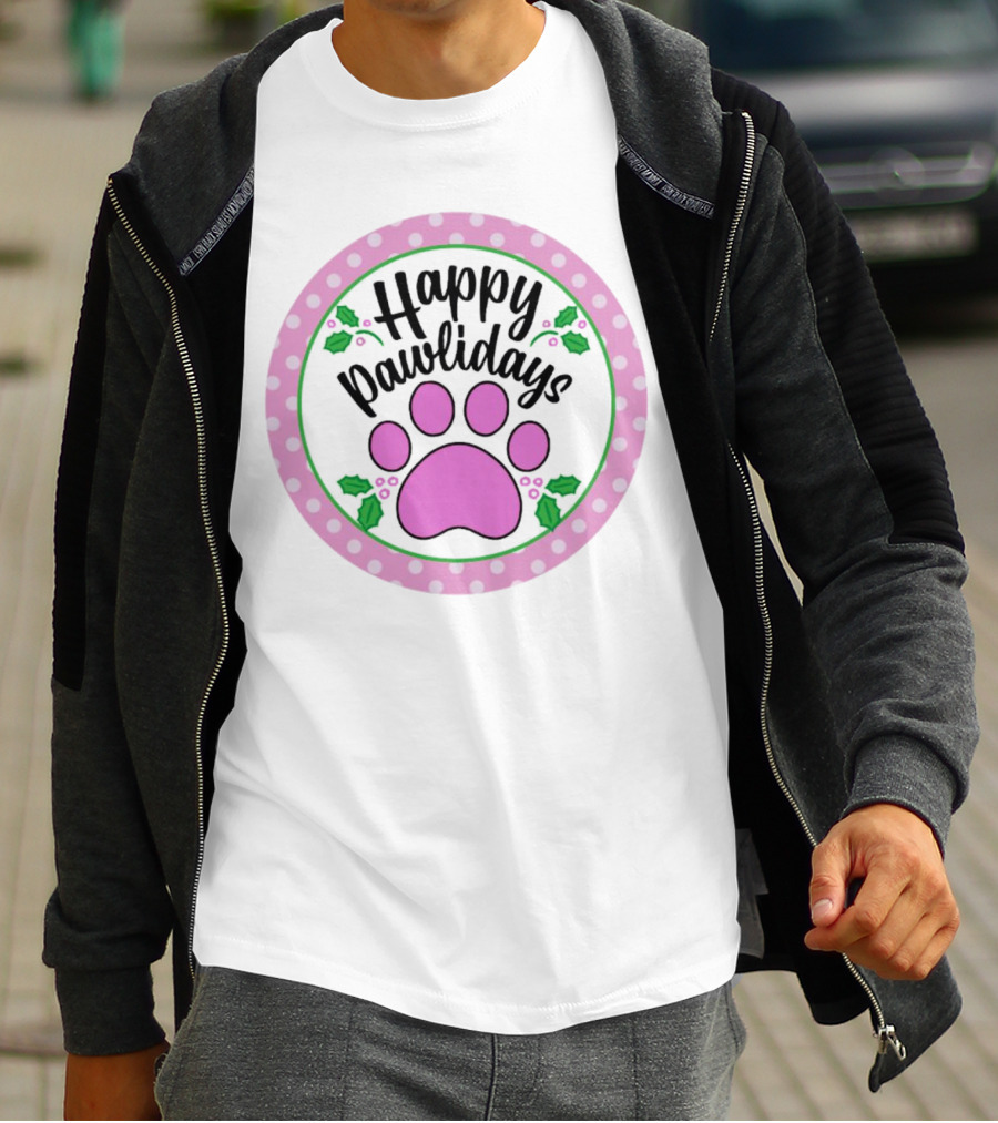 Happy Pawlidays Pink Paw Print With Holly Border Christmas T-Shirt