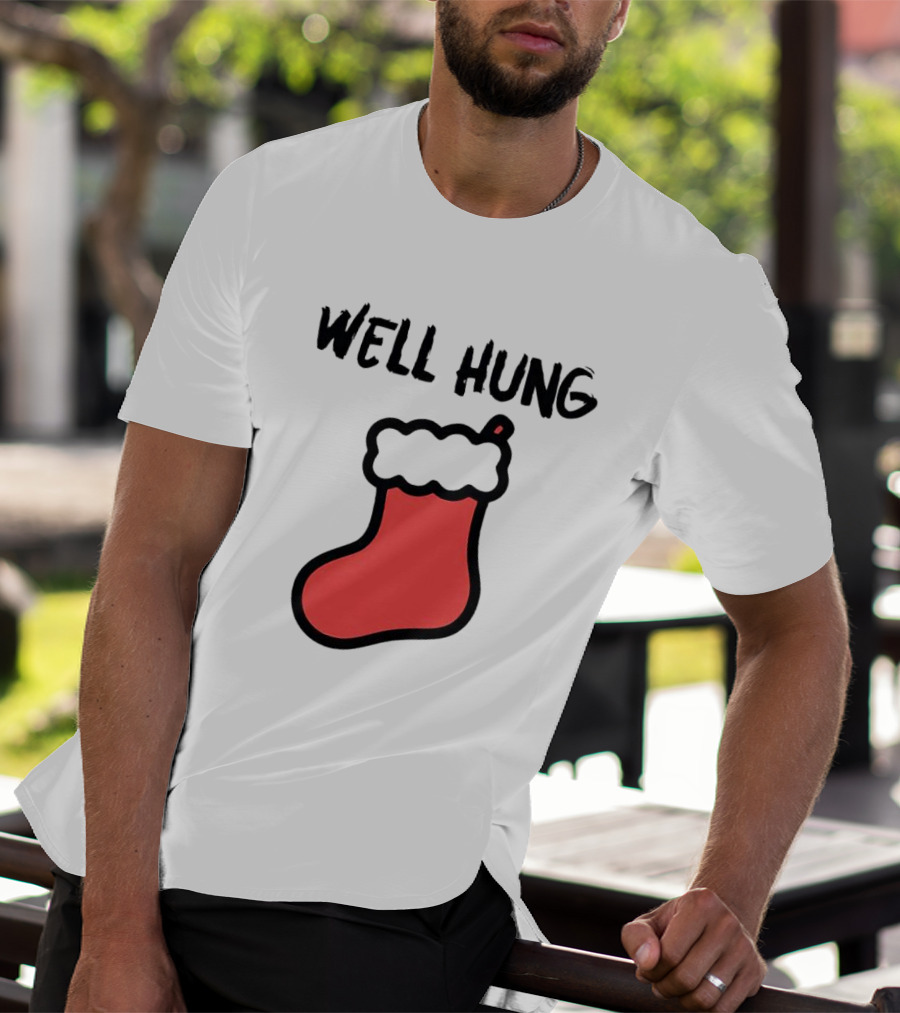 Well Hung Red Christmas Stocking Holiday Pun T-Shirt