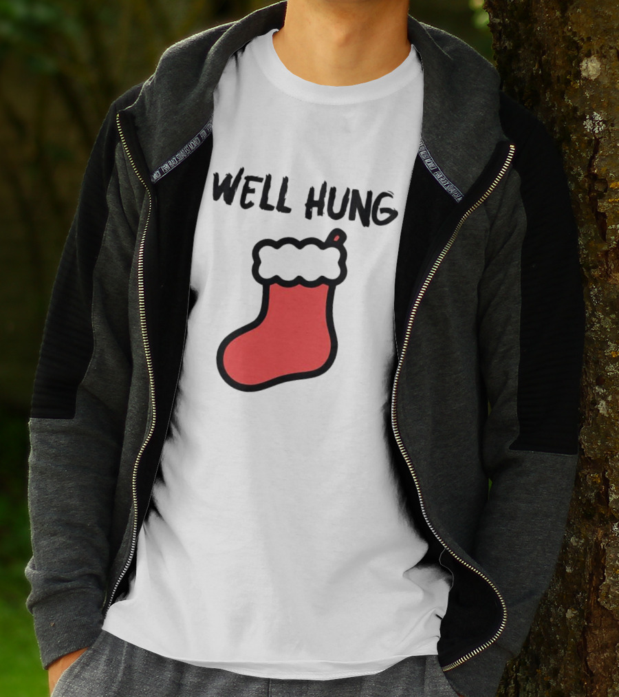 Well Hung Red Christmas Stocking Holiday Pun T-Shirt