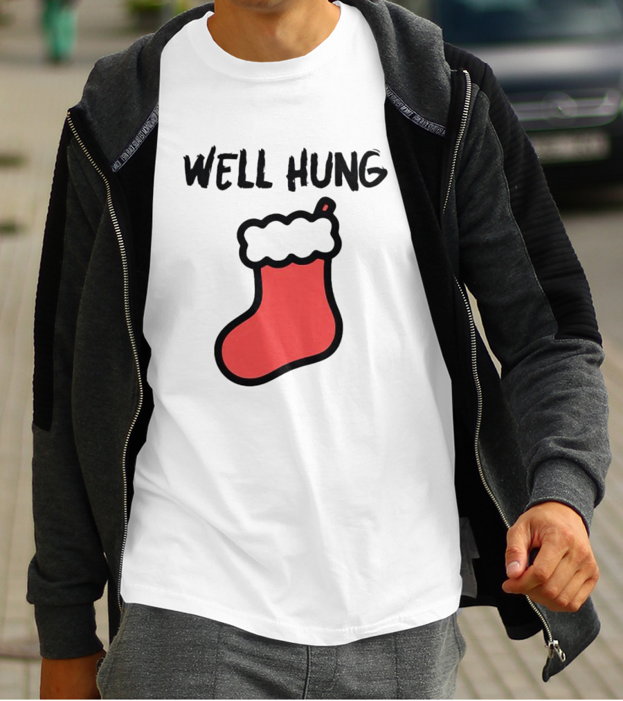 Well Hung Red Christmas Stocking Holiday Pun T-Shirt