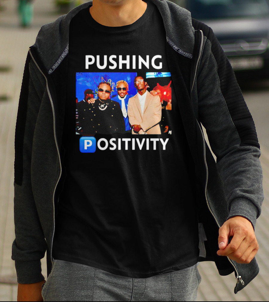 Pushing Positivity Iconic Trio With Blue Background T-Shirt