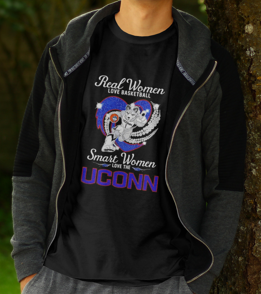 Real Women Love Basketball Smart Women Love The UConn Huskies UConn Basketball Fan Heart T-Shirt