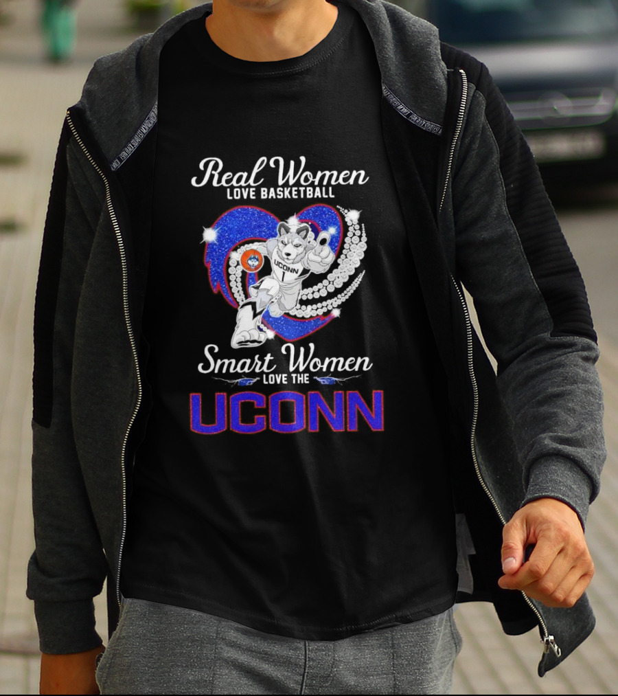 Real Women Love Basketball Smart Women Love The UConn Huskies UConn Basketball Fan Heart T-Shirt