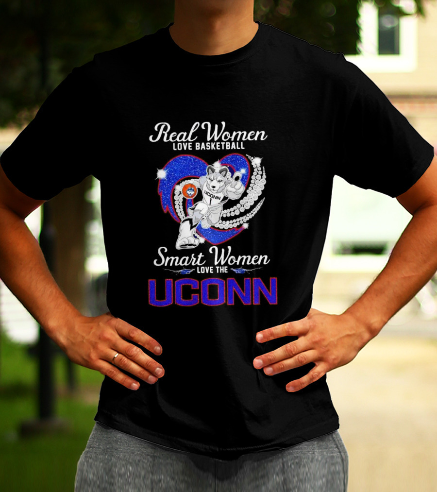 Real Women Love Basketball Smart Women Love The UConn Huskies UConn Basketball Fan Heart T-Shirt