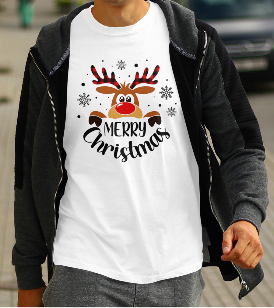 Reindeer Merry Christmas Plaid Antlers Snowflake T-Shirt