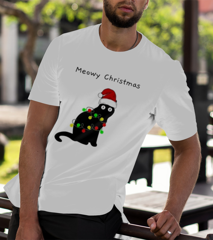 Meowy Christmas Santa Cat With Lights T-Shirt