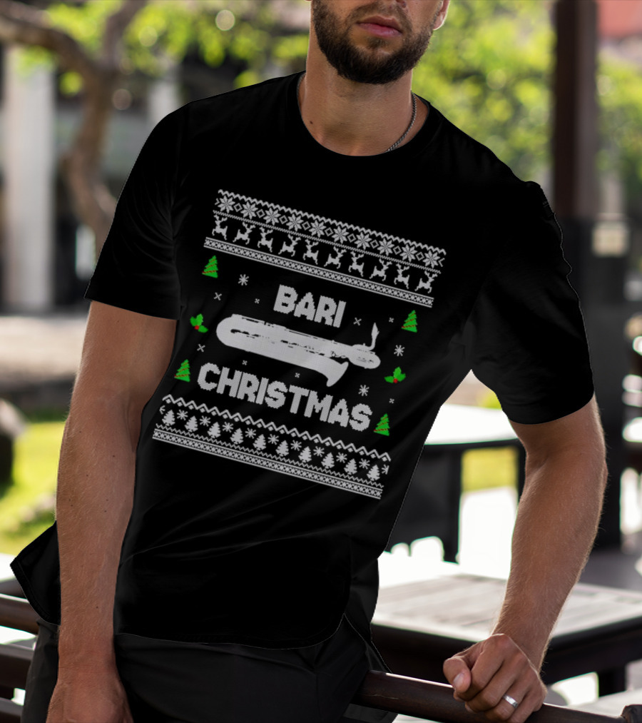 Bari Christmas Saxophone Ugly Sweater Reindeer Trees Snowflakes T-Shirt
