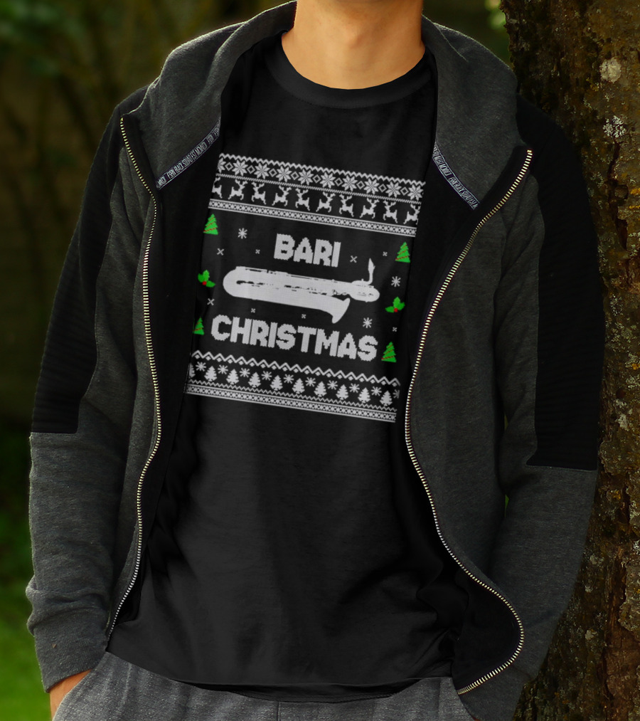 Bari Christmas Saxophone Ugly Sweater Reindeer Trees Snowflakes T-Shirt