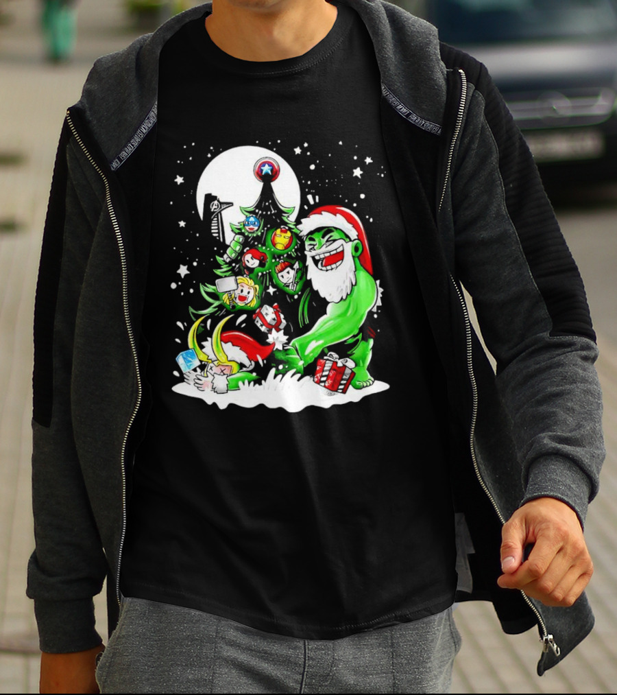The Avengers Marvel Characters Christmas Tree With Hulk Santa And Superhero Ornaments T-Shirt