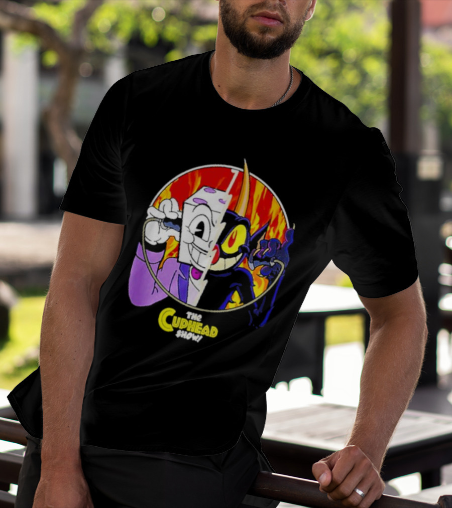 The Cuphead Show King Dice Devil Iconic Faces Fiery Background T-Shirt
