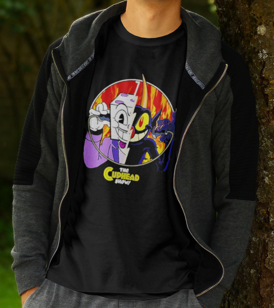 The Cuphead Show King Dice Devil Iconic Faces Fiery Background T-Shirt