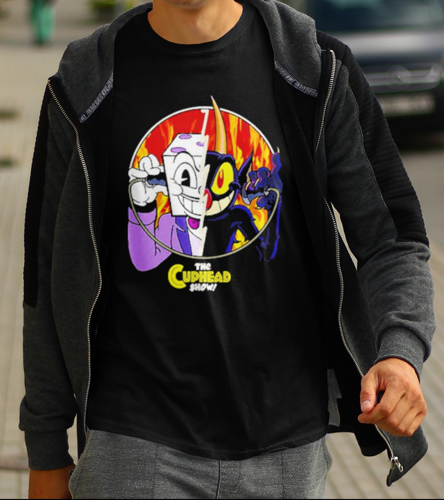 The Cuphead Show King Dice Devil Iconic Faces Fiery Background T-Shirt