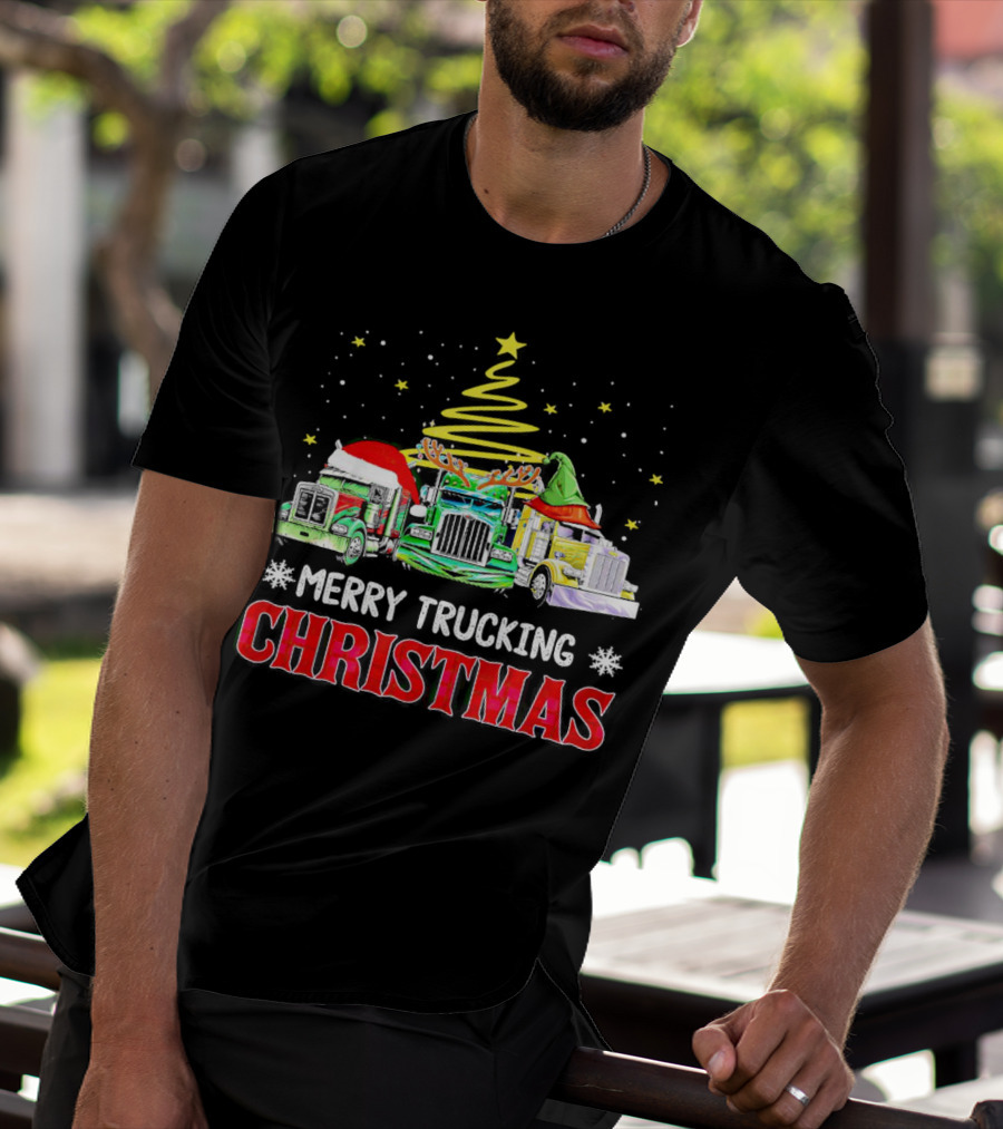 Merry Trucking Christmas With Festive Decorated Trucks And Starry Tree T-Shirt