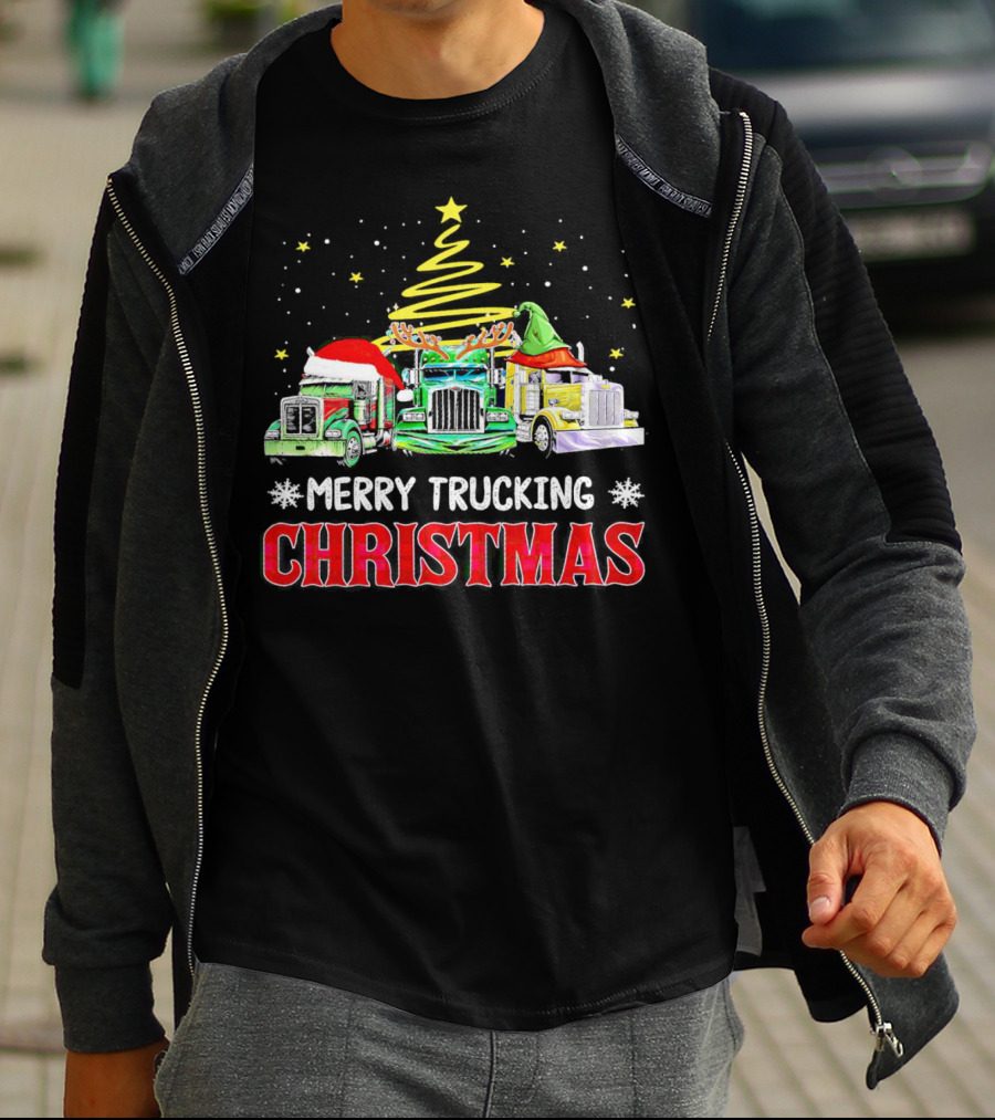 Merry Trucking Christmas With Festive Decorated Trucks And Starry Tree T-Shirt