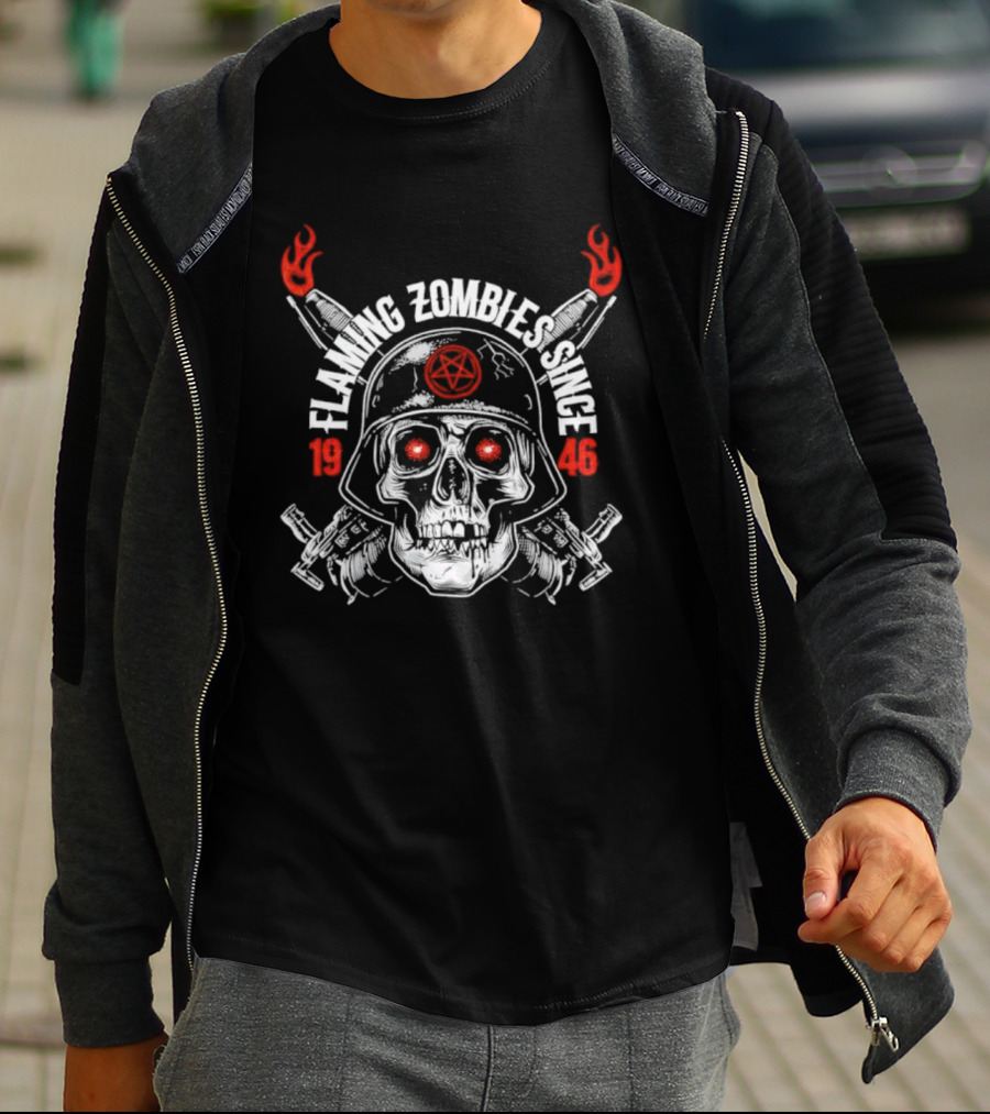 Flaming Zombies Since 1946 Skull With Flaming Bazookas And Pentagram Helmet T-Shirt