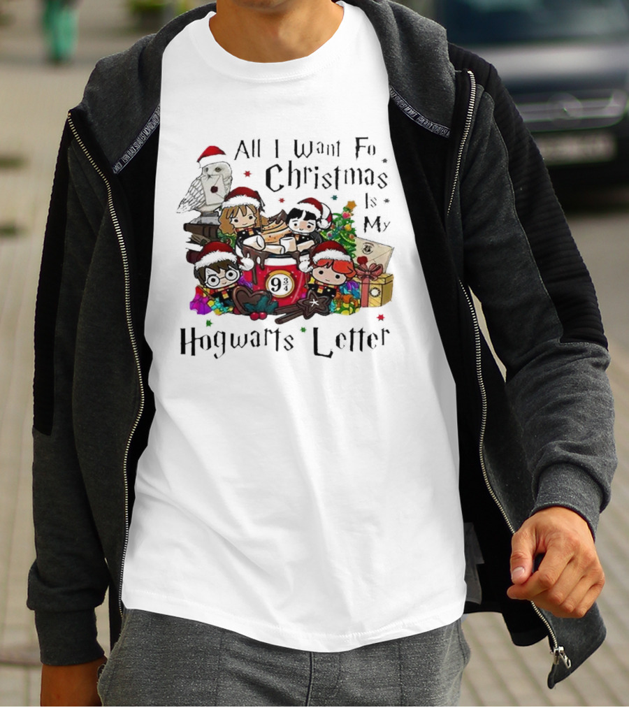 All I Want For Christmas Is My Hogwarts Letter Platform 9¾ With Owl Santa Hats And Gifts T-Shirt