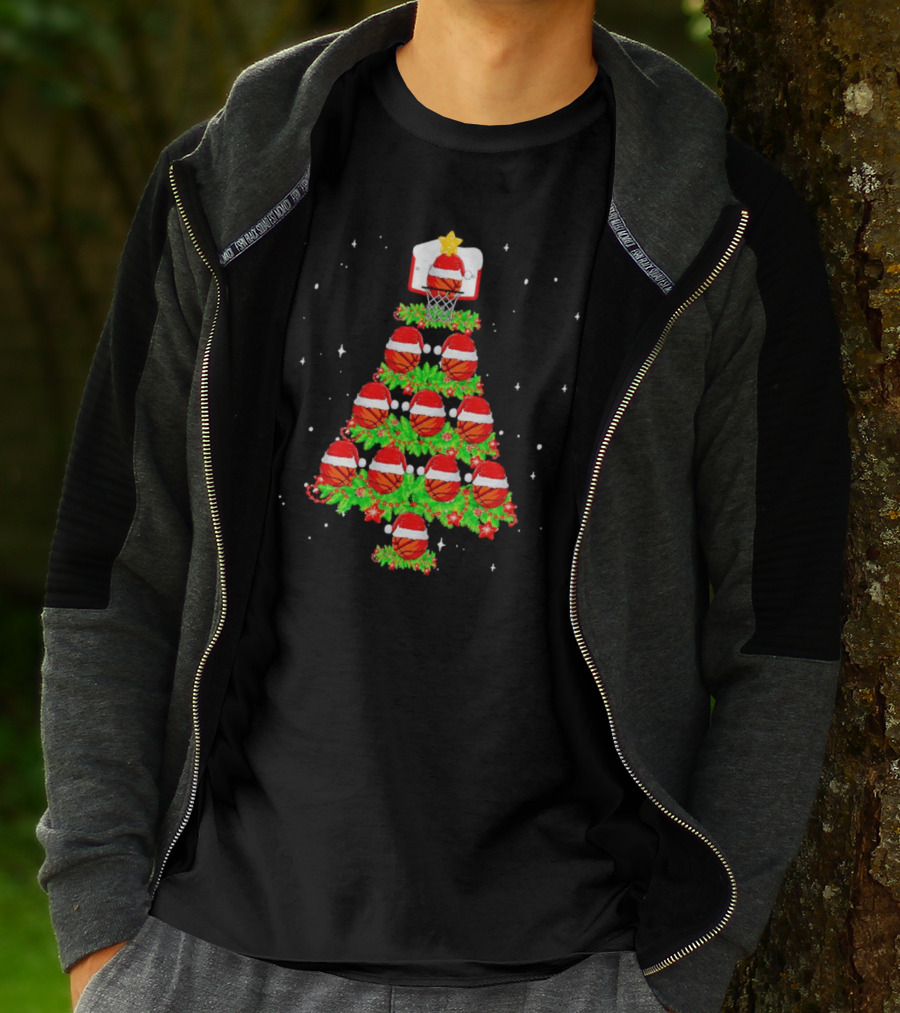 Basketball Hoops And Santa Hats Christmas Tree T-Shirt