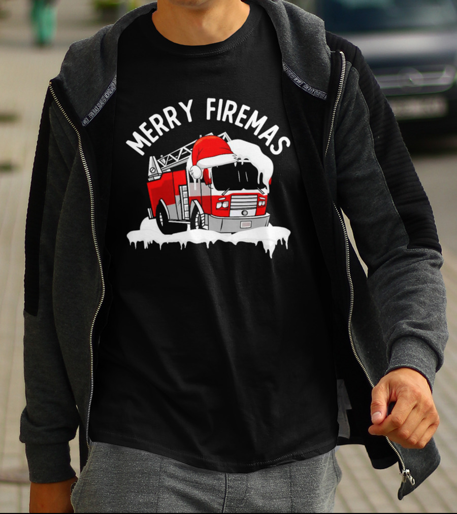 Merry Firemas Fire Truck Santa Hat Christmas T-Shirt