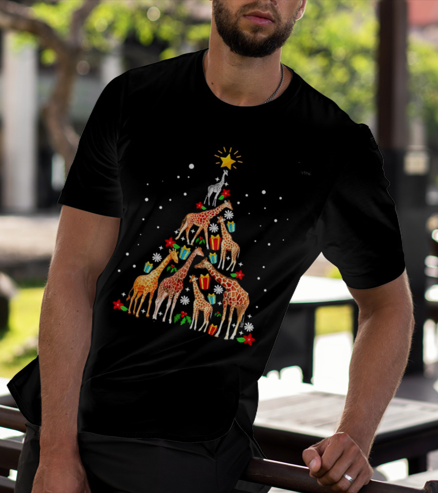 Giraffe Christmas Tree Star Presents Snowflakes T-Shirt