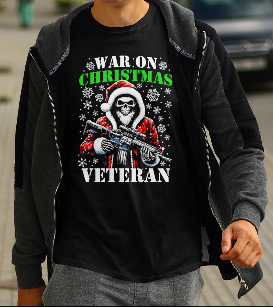 War On Christmas Veteran Skeleton Santa With Rifle Snowflakes T-Shirt