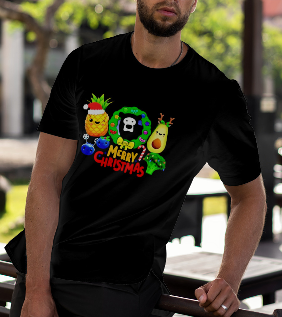 Hey Bear Sensory Merry Christmas Pineapple Avocado Broccoli Wreath T-Shirt