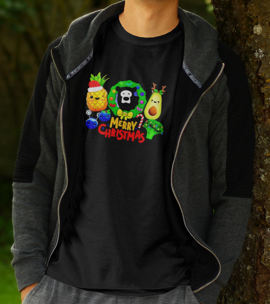 Hey Bear Sensory Merry Christmas Pineapple Avocado Broccoli Wreath T-Shirt