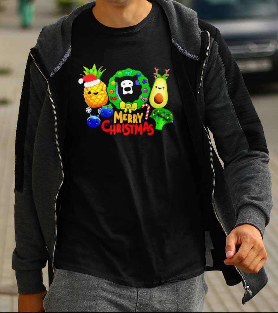 Hey Bear Sensory Merry Christmas Pineapple Avocado Broccoli Wreath T-Shirt