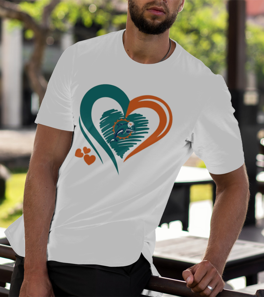 Miami Dolphins Heart Shape Emblem With Three Small Hearts T-Shirt