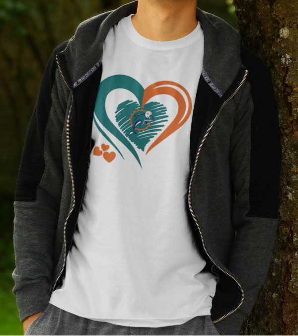 Miami Dolphins Heart Shape Emblem With Three Small Hearts T-Shirt