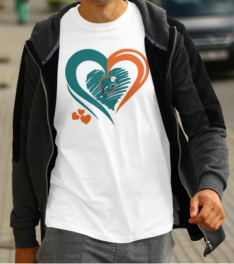 Miami Dolphins Heart Shape Emblem With Three Small Hearts T-Shirt