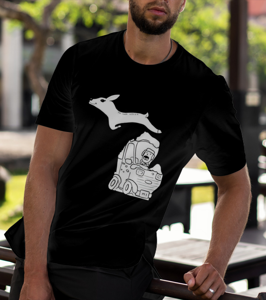 Michigan Deer Leaping Over Snowy Car With Driver T-Shirt