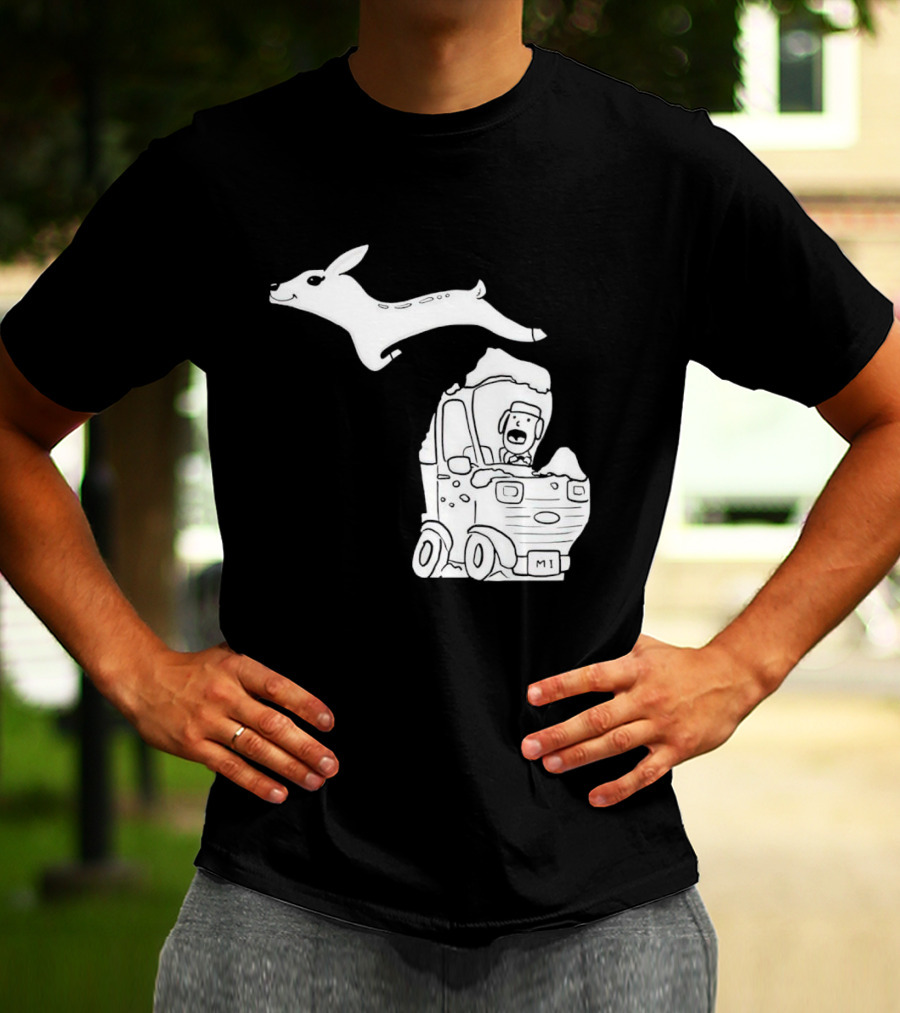 Michigan Deer Leaping Over Snowy Car With Driver T-Shirt