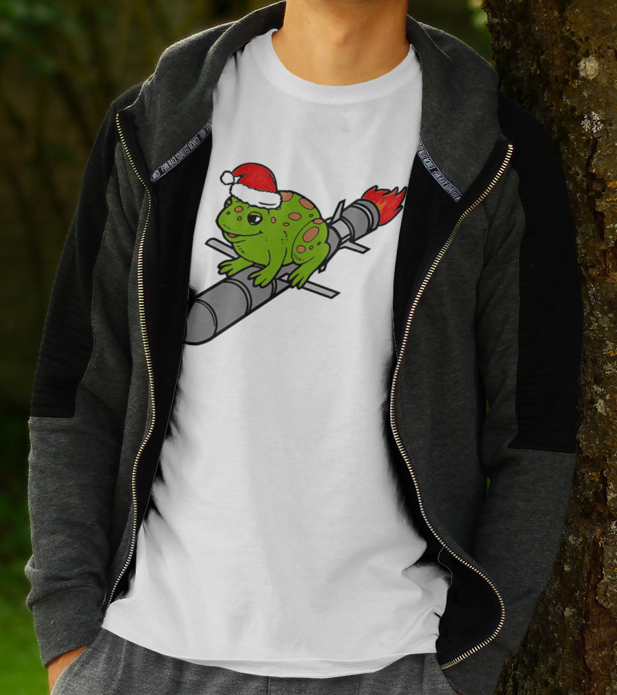 Missile Toad Christmas Frog With Santa Hat Riding A Rocket T-Shirt