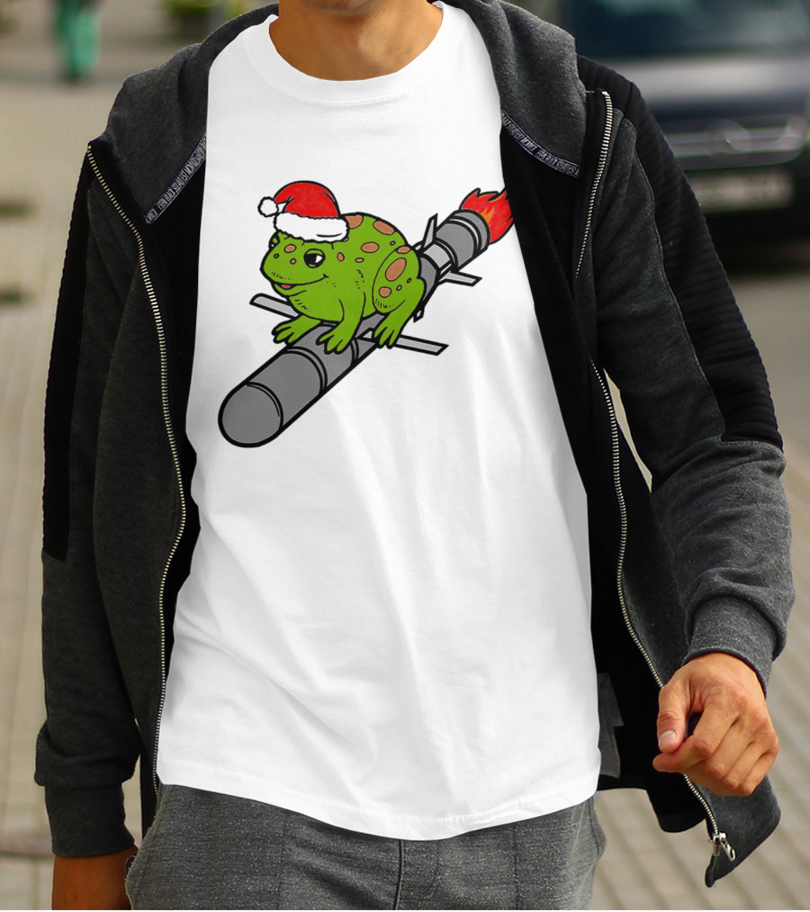 Missile Toad Christmas Frog With Santa Hat Riding A Rocket T-Shirt