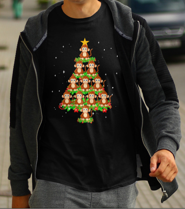 Monkey Christmas Tree Star Top Holiday Decor T-Shirt