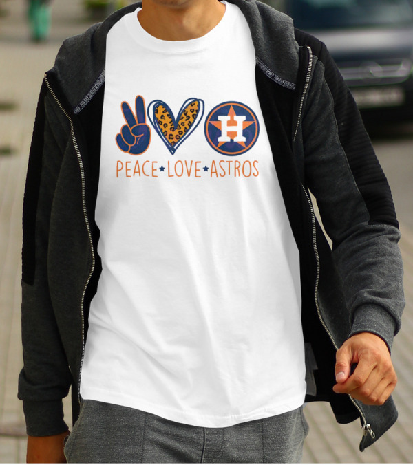 Peace Love Astros Leopard Heart Baseball Team T-Shirt