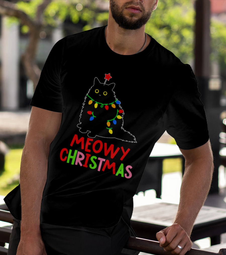Meowy Christmas Black Cat With Lights T-Shirt