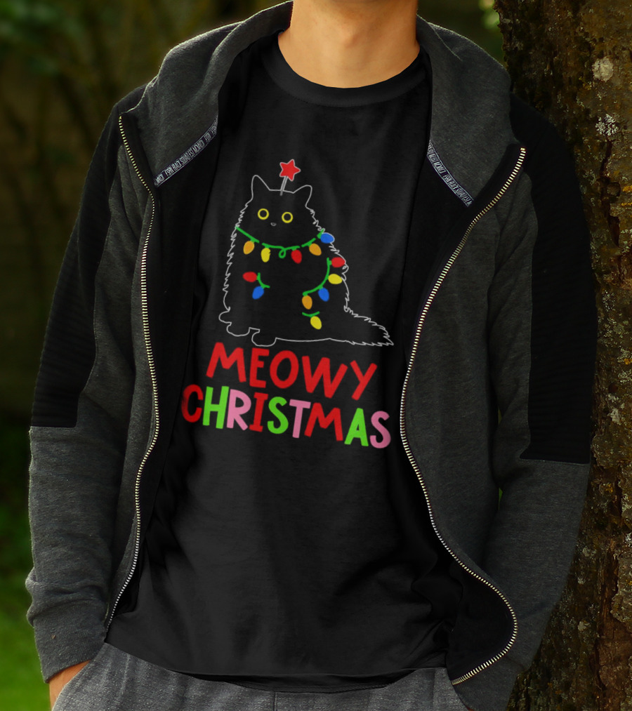 Meowy Christmas Black Cat With Lights T-Shirt
