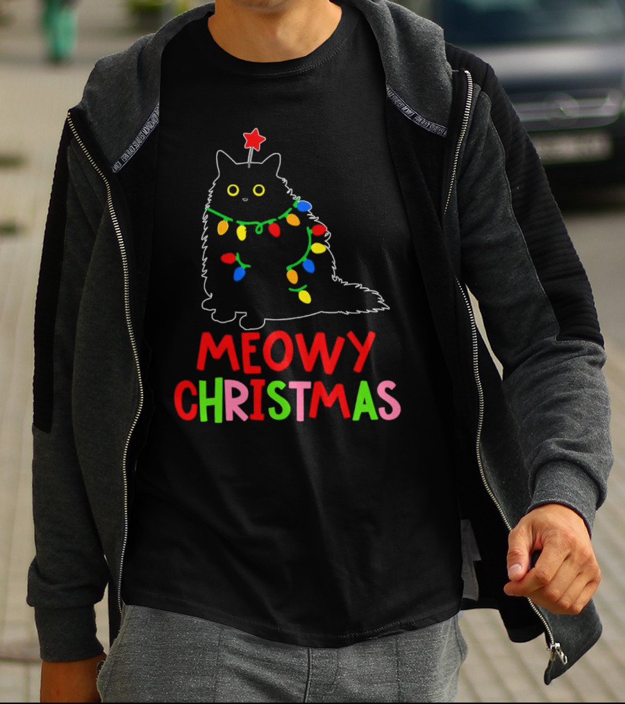 Meowy Christmas Black Cat With Lights T-Shirt