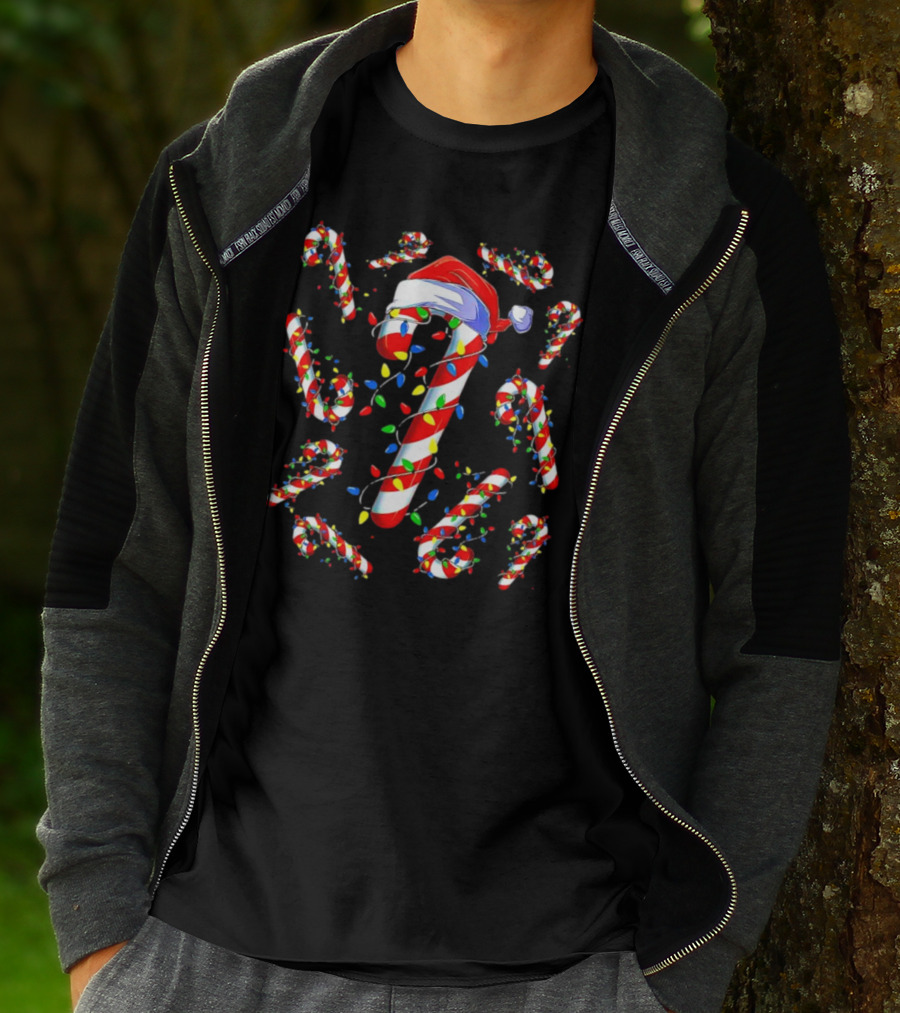 Candy Cane Santa Christmas Funny Xmas Lights Festive Decor T-Shirt