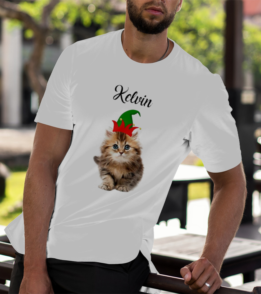 Kelvin Cat Wearing Elf Hat Merry Christmas Custom Name T-Shirt