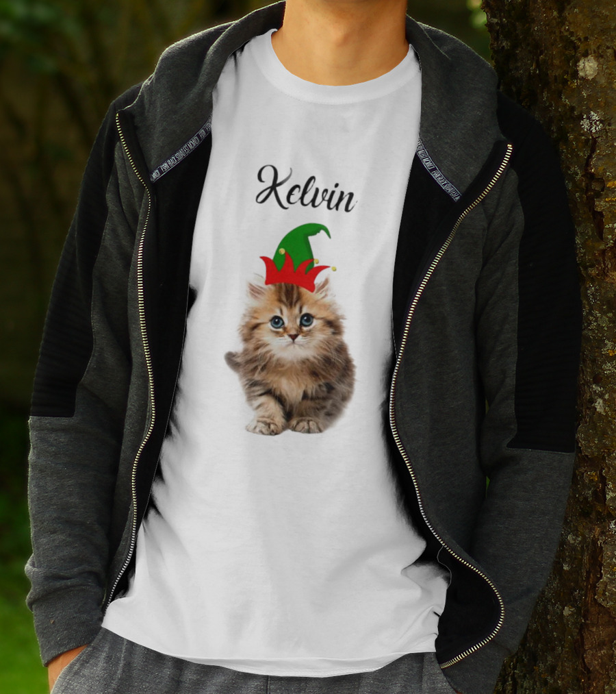 Kelvin Cat Wearing Elf Hat Merry Christmas Custom Name T-Shirt