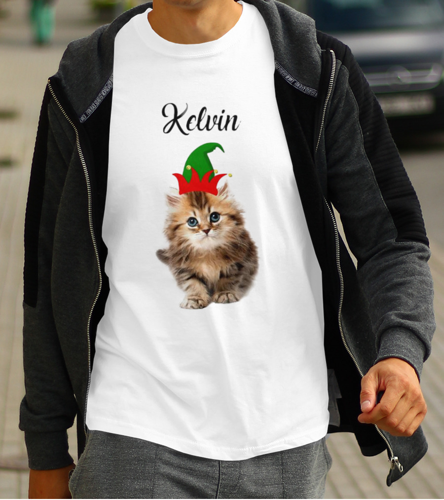 Kelvin Cat Wearing Elf Hat Merry Christmas Custom Name T-Shirt