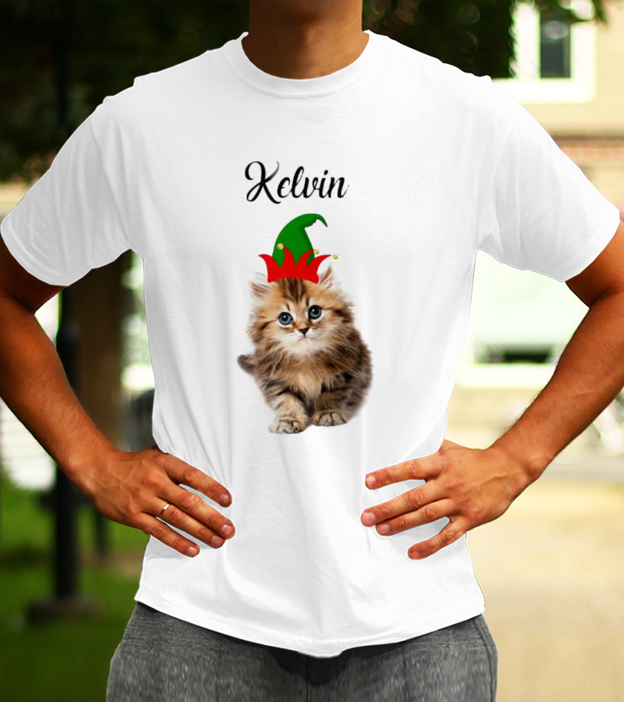 Kelvin Cat Wearing Elf Hat Merry Christmas Custom Name T-Shirt